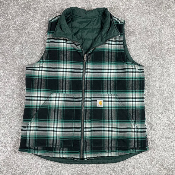 Carhartt Reversible Vest Womens Large Quilted Flannel Lined Plaid Chore Green - Picture 3 of 12